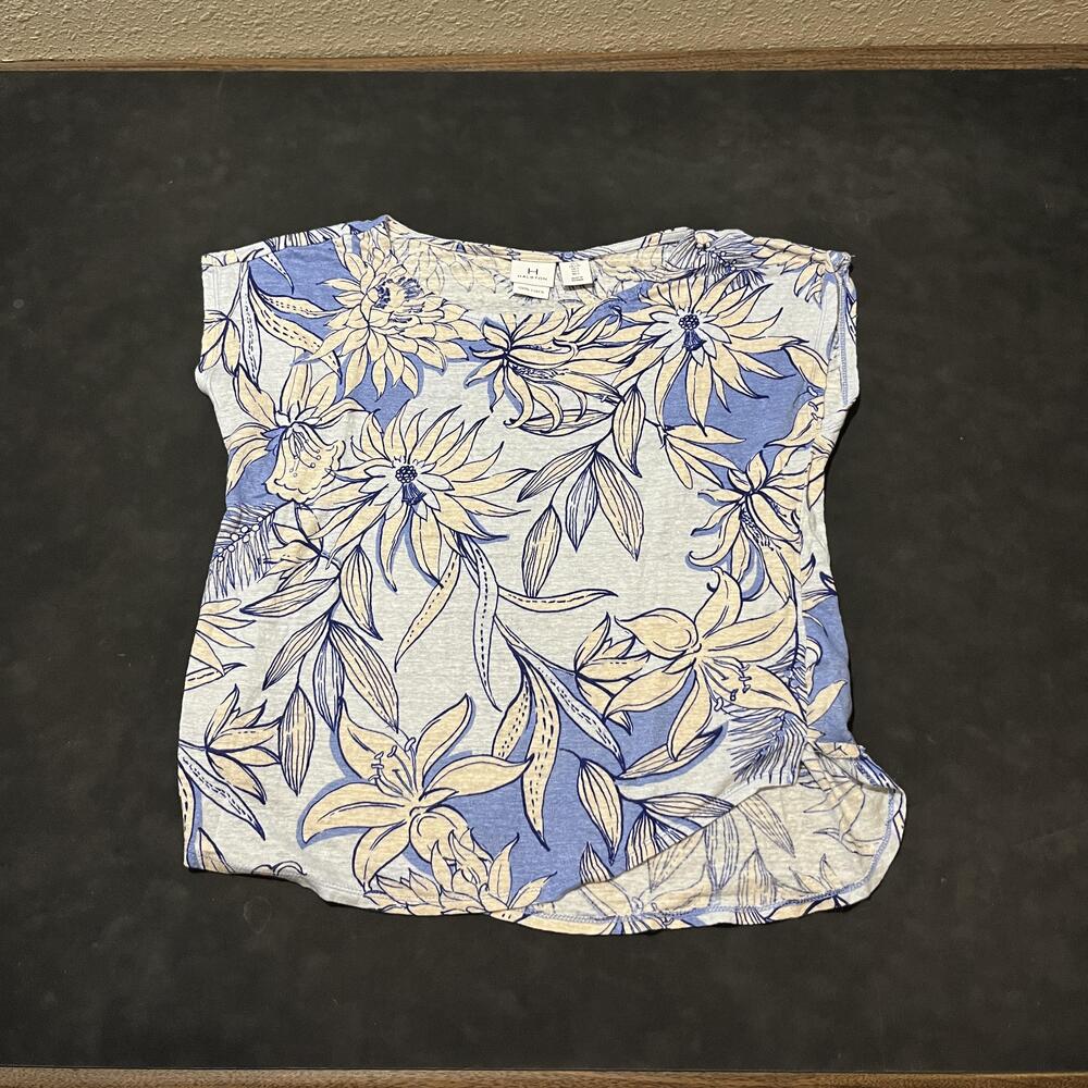 Halston Shirt Womens Large Linen Floral Print Lightweight Short Sleeve Blouse
